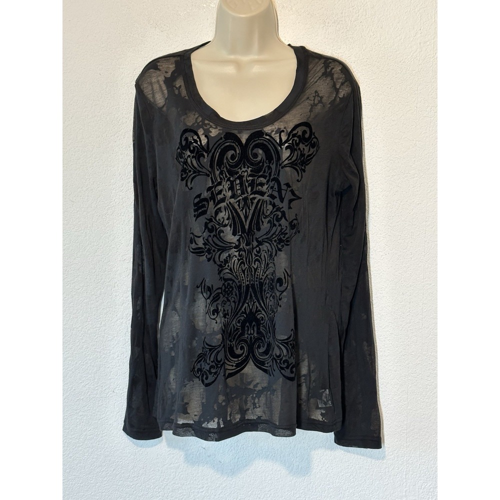 Seven Womens Blouse XL Black Velvet Burnout Long Sleeve Top Whimsigoth Grunge